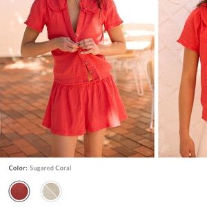 Free People Sugared Coral Button-Up Top and shorts set Size Small